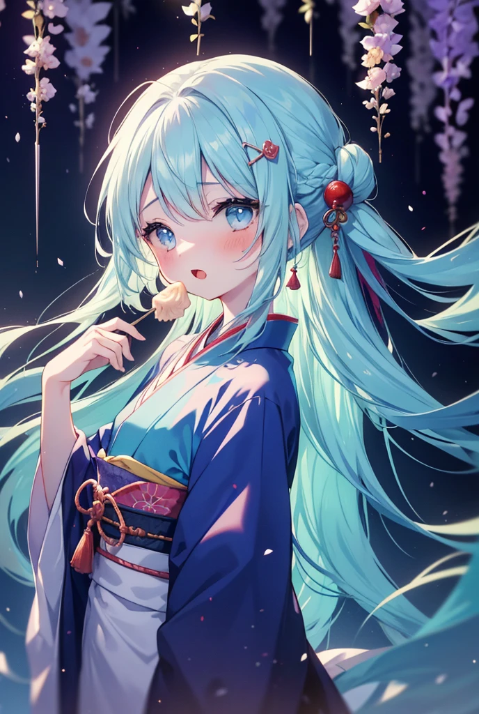 masterpiece, best quality, extremely detailed, (illustration, official art:1.1), 1 girl ,(((( light blue long hair)))), ,(((( light blue long hair)))),light blue hair, long hair ((blush)) , cute face, big eyes, masterpiece, best quality,(((((a very delicate and beautiful girl,flat chest))))),Amazing,beautiful detailed eyes,blunt bangs、((((little delicate girl)))),tareme(true beautiful:1.2), sense of depth,dynamic angle, ,10 years old,,,

(masterpiece),best quality,highly detailed,ultra detailed, , Braid Dumpling Hair, hair ornament, pretty face, happy,  open mouth, Japan kimono  ,She eats a tricolor dumpling stuck on a skewer of Japan , She holds a tricolor dumpling with a Japan skewer in her hand,smile,Exact finger count,Precise finger shape,
Temple、
dumplings、
Wisteria、strawberries、, from side, ukiyoe style、((((tricolor dumpling )))),