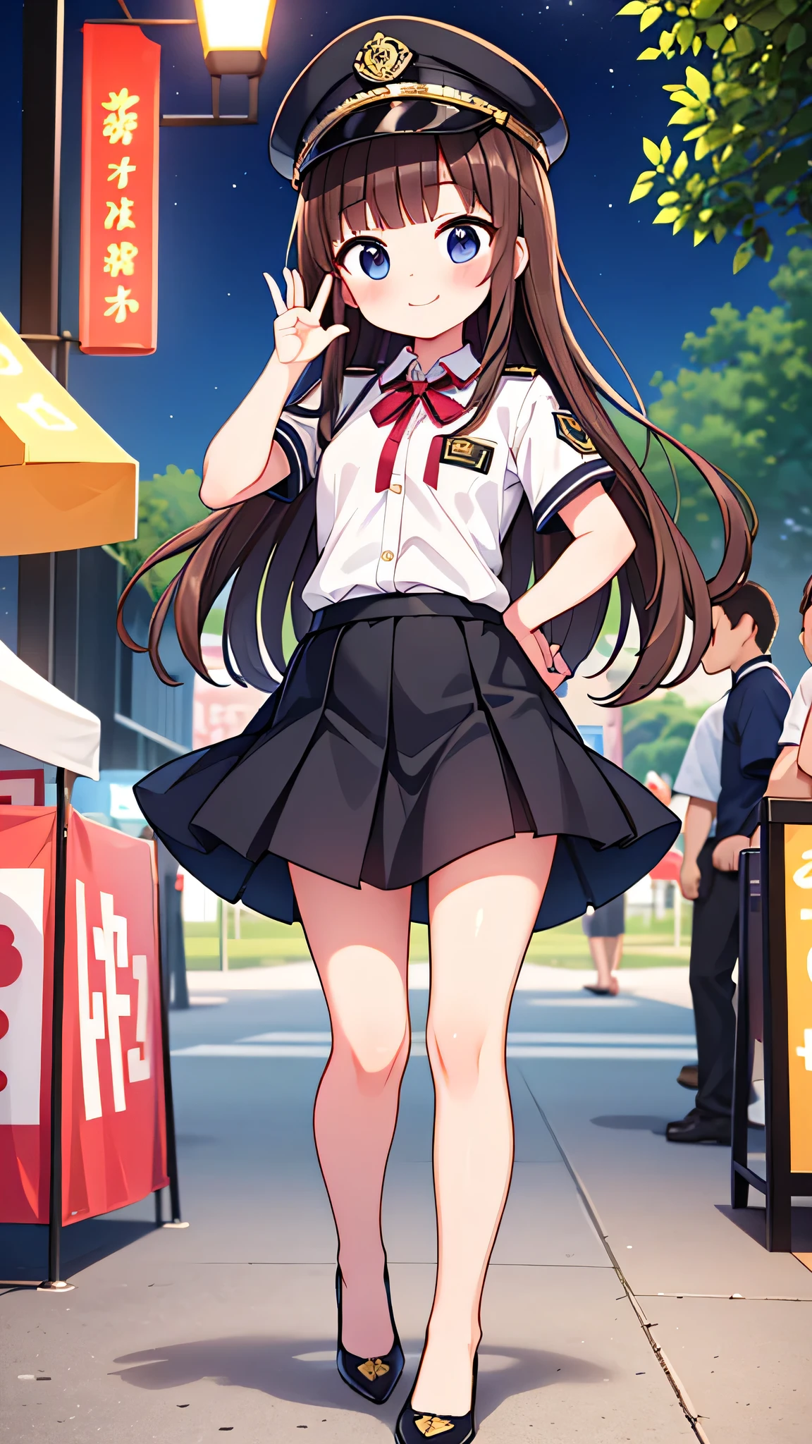 {Highest quality], [Super beautiful], [Ultra fine], [Best illustration], NSFW,Brown Hair, Hime cut, Long Hair, With bangs, girl, Uniform cap,Security uniform, smile, blush, Slender women,Short sleeve,Long straight skirt, Adult women,Strike a Pose,(Public）Night Park, Summer festival,diagonal,Bare feet and pumps, Plain black pumps