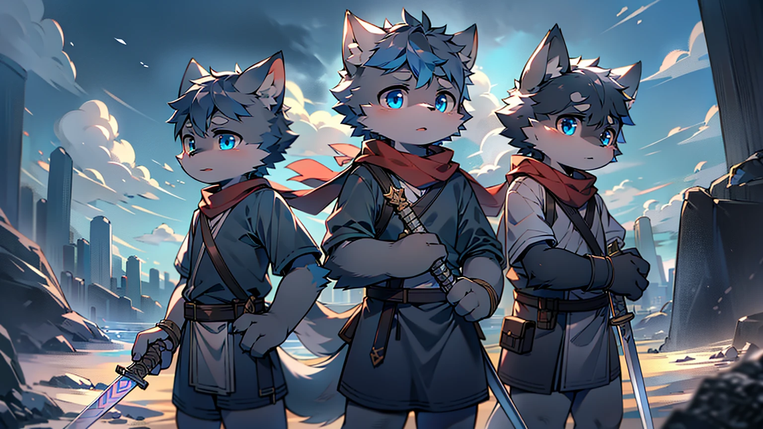 Wolf，juvenile，male，Gray-black fur，Sky blue eyes，Ancient combat uniform，scarf，Holding a long sword，Scabbard back，permanent，The only one,dawn，illumination，Break