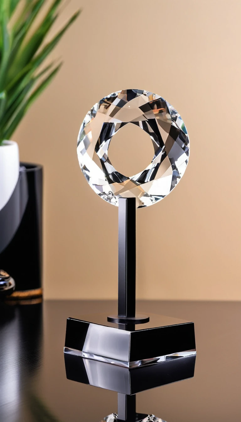 A simple crystal trophy with black metal,Beautiful curves,Stylish styling;Wooden square base,There is a metal nameplate on the base;White background,Front view。