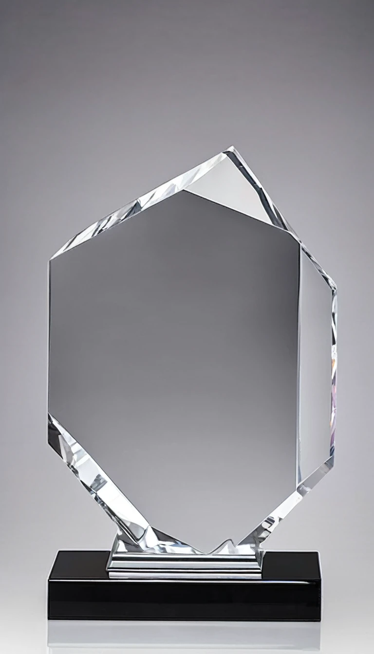 A simple crystal trophy with black metal,Beautiful curves,Stylish styling;Wooden square base,There is a metal nameplate on the base;White background,Front view。