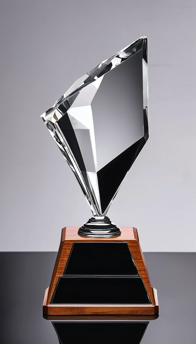 A simple crystal trophy with black metal，Beautiful curves，Stylish styling；Wooden square base，There is a metal nameplate on the base；White background，Front view。