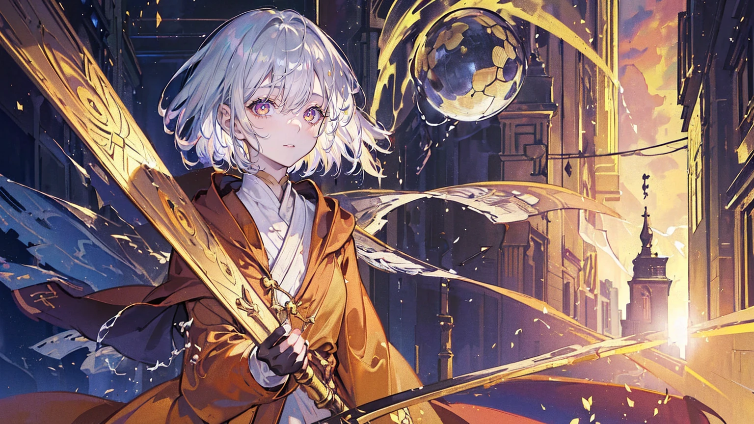 (Super detailed)),((illustration))，((masterpiece)),(((need))),((fine、Highest quality CG Unity 8K wallpapers，masterpiece），（（4k，masterpiece，best quality）），Girl with short silver hair，Golden pupils，Western monk robes，The monk&#39;s robe is covered with thorns，Gold and silver sun hat，Lots of warm colors，sunshine，Standing on the cliff，brush，There is a drawing board on the side，Describing the city，Thorns underfoot，Church stained glass window pictures，Bird&#39;s-eye view，Medieval style，myth，Full body picture