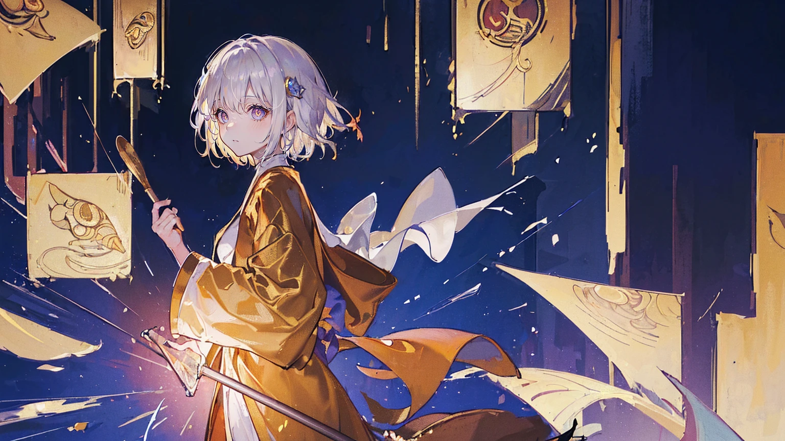 (Super detailed)),((illustration)),((masterpiece)),(((need))),((fine、Highest quality CG Unity 8K wallpapers,masterpiece),((4k,masterpiece,best quality)),Girl with short silver hair,Golden pupils,Western monk robes,The monk's robe is covered with thorns,Gold and silver sun hat,Lots of warm colors,sunshine,Standing on the cliff,brush,There is a drawing board on the side,Describing the city,Thorns underfoot,Church stained glass window pictures,Bird's-eye view,Medieval style,myth,Full body picture