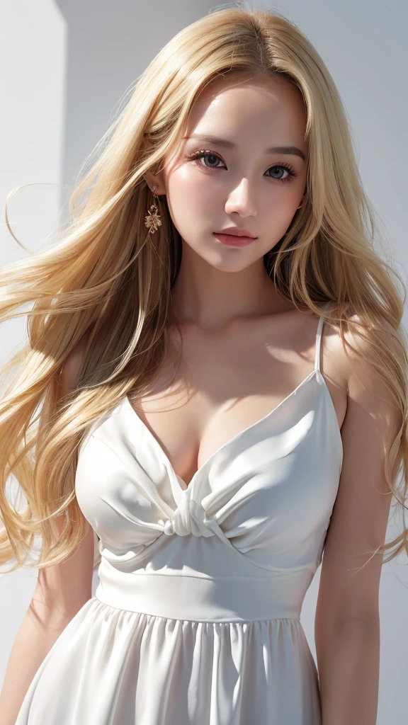 (((Blonde、forehead、long hair、White background、dress、Russia、Northern Europe、シンプルなWhite background)))、masterpiece, Highest quality, 8k,, 20th Generation, (Large Breasts:1.2), Background is white, cute, alone, sad, close, cute, Girlish, Delicate girl, Pure beauty, RAW Photos, Professional photography, Portraiture, Soft Light, Professional Lighting, Backlight, Upper Body, Sophisticated, Film Grain, (Eye and facial details:1.0) , Beautiful, flowing hair, Silk blouse,
