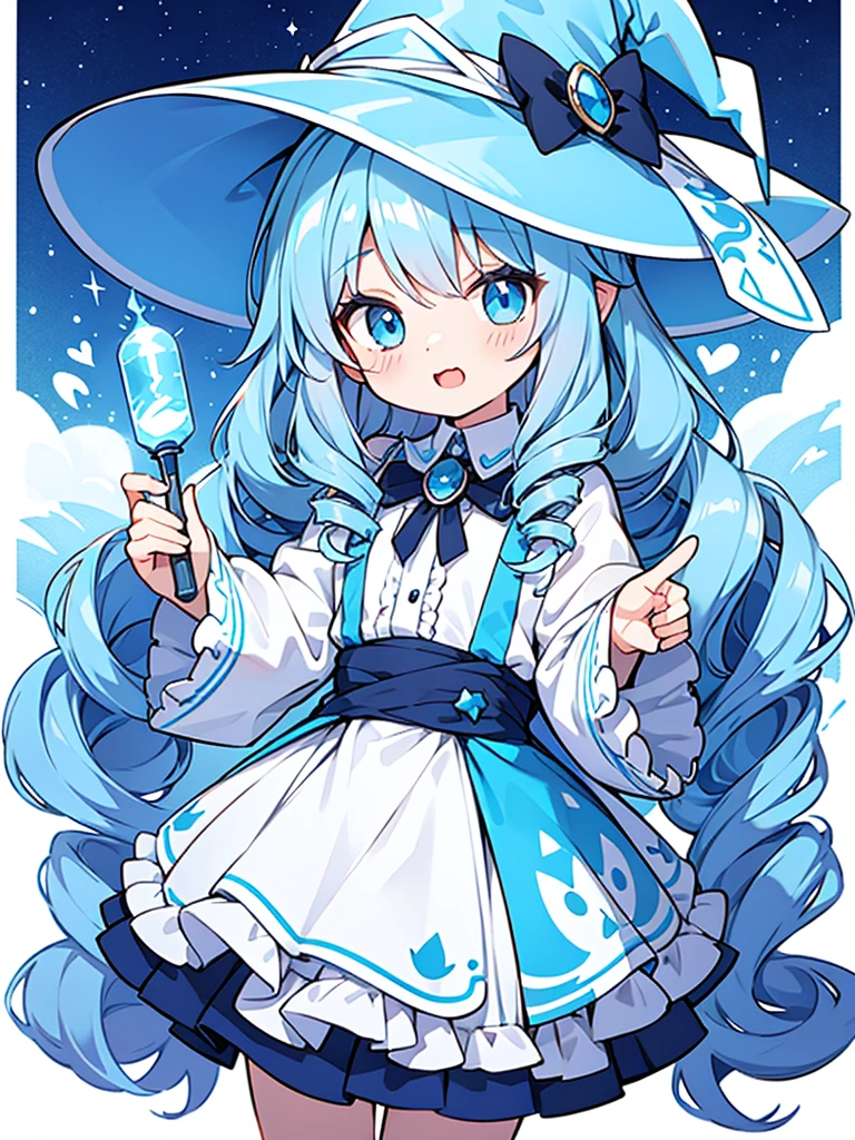 hyper cute shota,light blue witch hat,ultra long wide curl twin-drill hair,great volume hair,