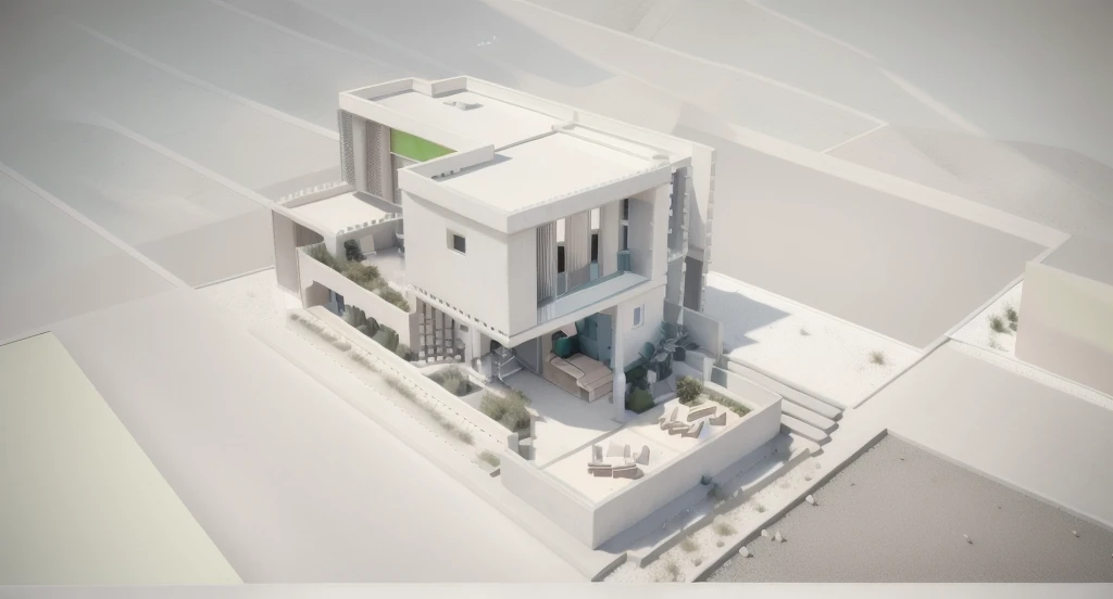 RAW photo of house, two floors, Modern style, a Mid-Century Modern Twist, closed facade, white crushed stone material, white concrete, wood, outside stairs, lots of green space, daylight, Dark, light volume::1.5, warm light, light point::1.5, target light art trend, studio photo, intricate details, luxurious and spacious, beautiful, realistic, 32k uhd, Noon.