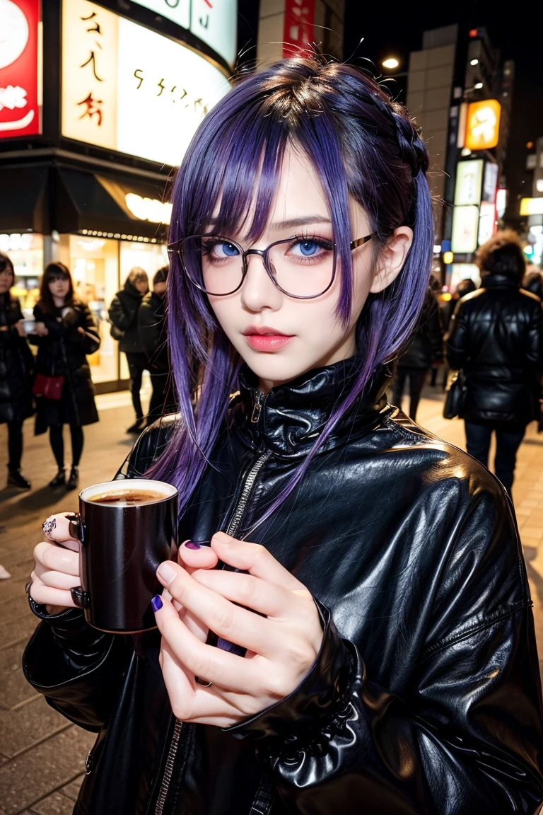 1 girl, purple hair, beautiful hair, blue eyes, make up, perfect face, perfect body, winter, tokyo, night, coffee, glasses, wolfcut hairstyle