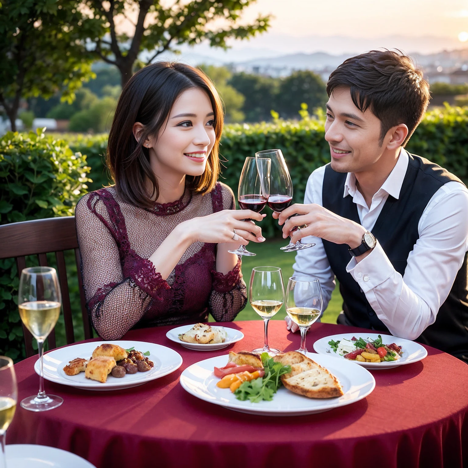 ((Highest quality、8k、masterpiece:1.3))、 (Genuineistic, Genuine、Bright image、Intricate details:1.2), Best smile 1 man 1 woman、Beautiful Couple、spouse、Couple、spouse、Beautiful Couple、Smile、A full-course dinner with a full table、テーブルにwine glass、 (Slim face), (The body is slim), (Brown Hair), (short hair), Please shine a light on my face、 Amazing view of the sunset sky and clouds、 (age 34), 38 years old, red wine 、Appetizers、Wine bottle、sparkling wine、Long sleeve shirt、dress、White wine, red wine, wine glass, 