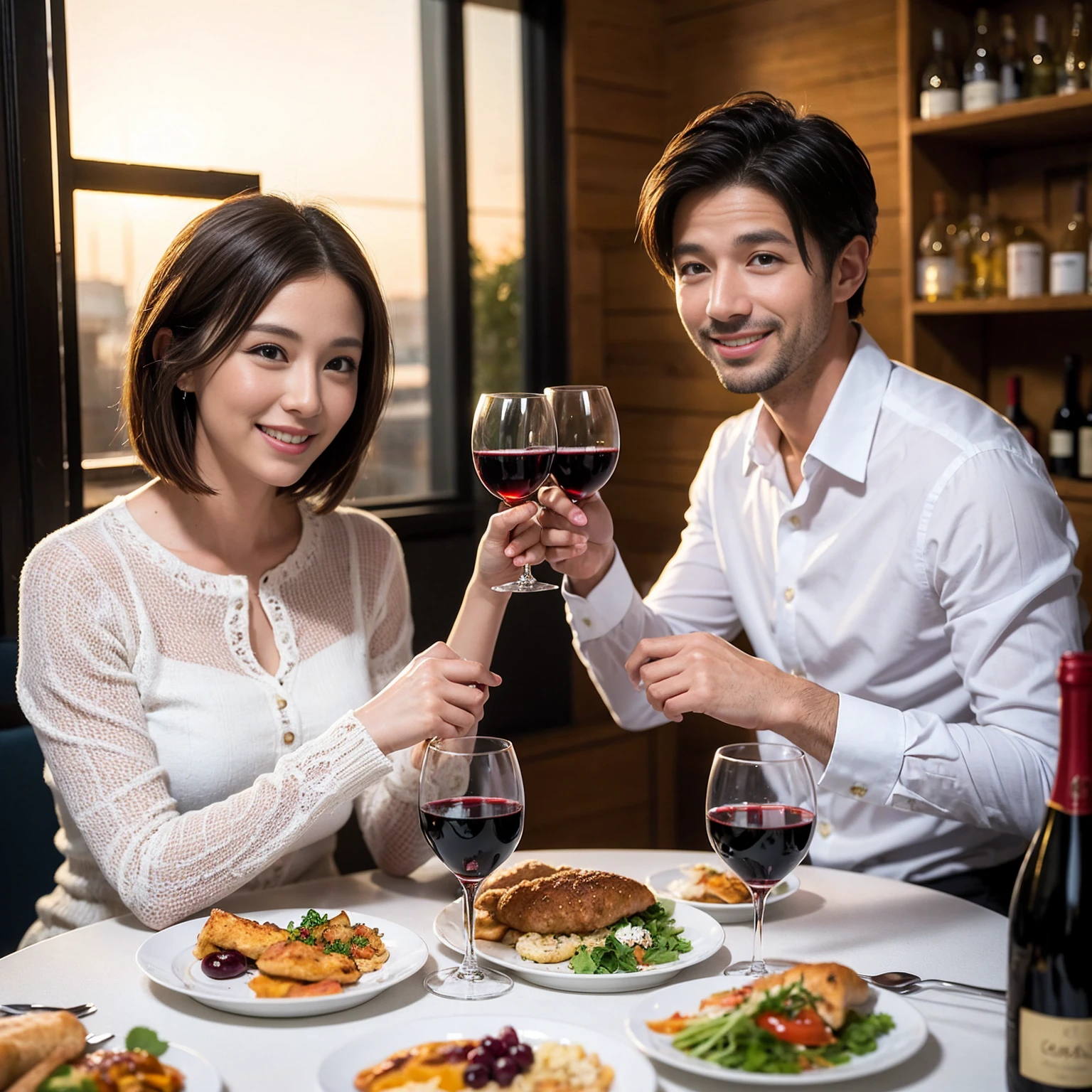((Highest quality、8k、masterpiece:1.3))、 (Genuineistic, Genuine、Bright image、Intricate details:1.2), Best smile 1 man 1 woman、Beautiful Couple、spouse、Couple、spouse、Beautiful Couple、Smile、A full-course dinner with a full table、テーブルにwine glass、 (Slim face), (The body is slim), (Brown Hair), (short hair), Please shine a light on my face、 Amazing view of the sunset sky and clouds、 (age 34), 38 years old, red wine 、Appetizers、Wine bottle、sparkling wine、Long sleeve shirt、dress、White wine, red wine, wine glass,