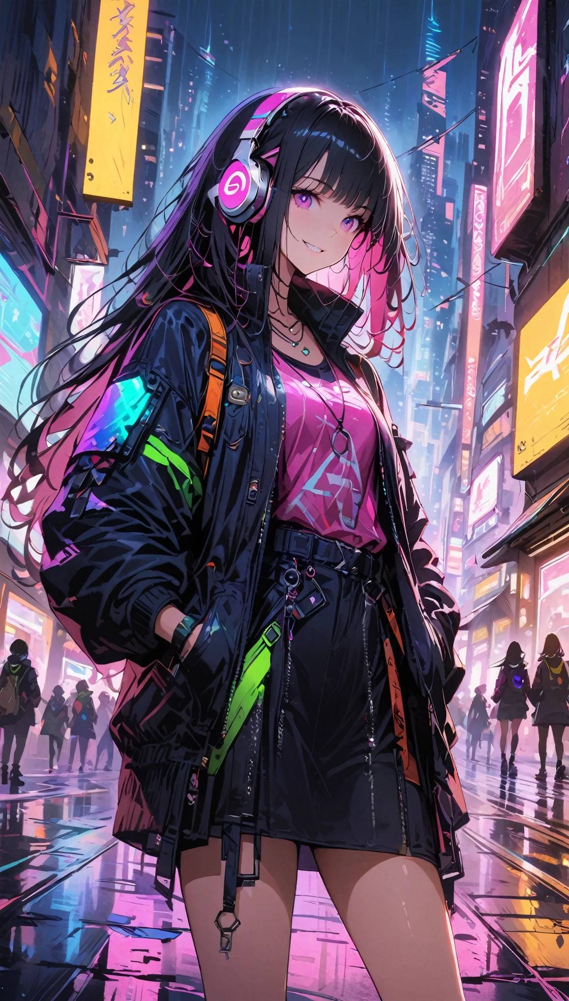 1girl,cyberpunk, Chinese girl, translucent，Wearing headphones，futuristic city, neon lights, high-tech, digital sky, large moon, flying cars, futuristic dress, glowing earphones, jewelry, necklace, long hair, transparent accessories, dynamic pose, smiling, facing camera, ultra-realistic, high-quality, 8K resolution, detailed, futuristic, modern fashion, traditional elements, glowing jewelry, cyberpunk fashion