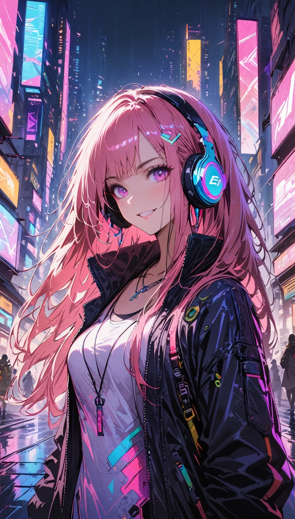 1girl,cyberpunk, Chinese girl, translucent，Wearing headphones，futuristic city, neon lights, high-tech, digital sky, large moon, flying cars, futuristic dress, glowing earphones, jewelry, necklace, long hair, transparent accessories, dynamic pose, smiling, facing camera, ultra-realistic, high-quality, 8K resolution, detailed, futuristic, modern fashion, traditional elements, glowing jewelry, cyberpunk fashion