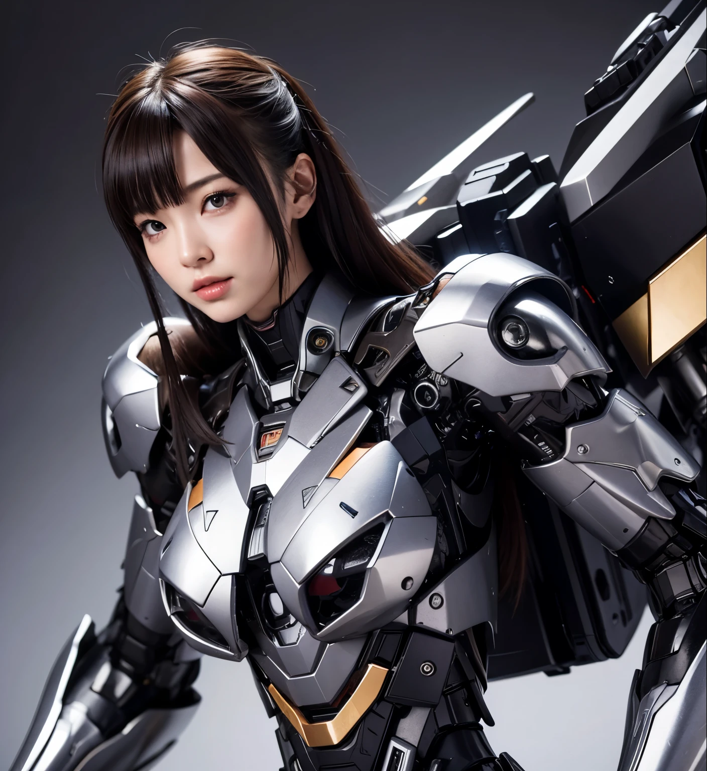 Textured skin, Super Detail, high details, High quality, Best Quality, hight resolution, 1080p, hard disk, Beautiful,(Super Heroine),Oppai Missile,beautiful cyborg woman,Mecha Cyborg Girl,Battle Mode,Girl with a Mecha Body,She wears a battle cyborg mech with a weapon,Fulll body Shot