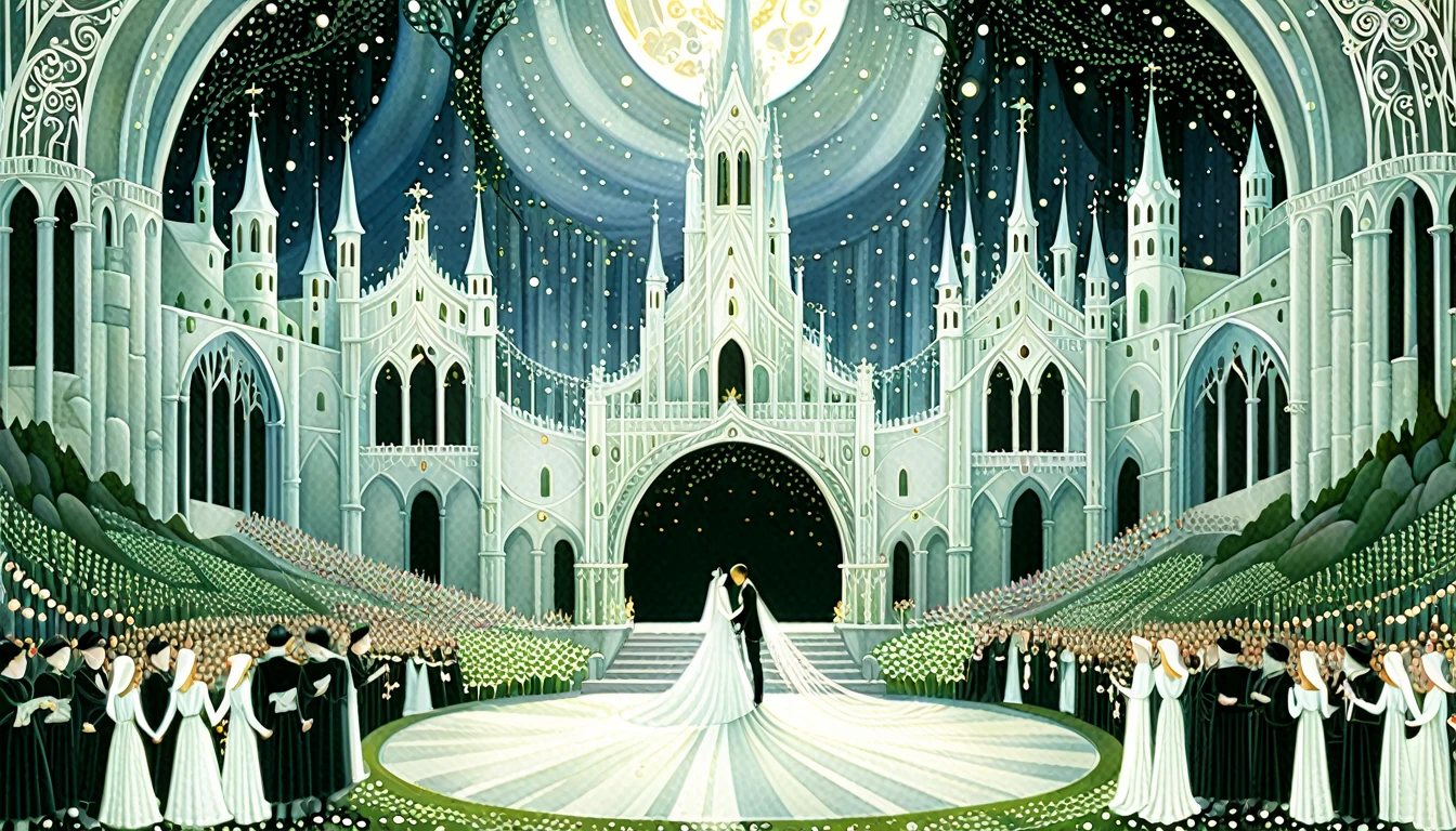 (art by Kay Nielsen:1.5), (Within the shimmering confines of a Magical arena), a detailed fantasy illustration, a wedding of bride and  bridegroom, church background, high resolution, highly detailed, as arcane energies crackle in the air.:0.5