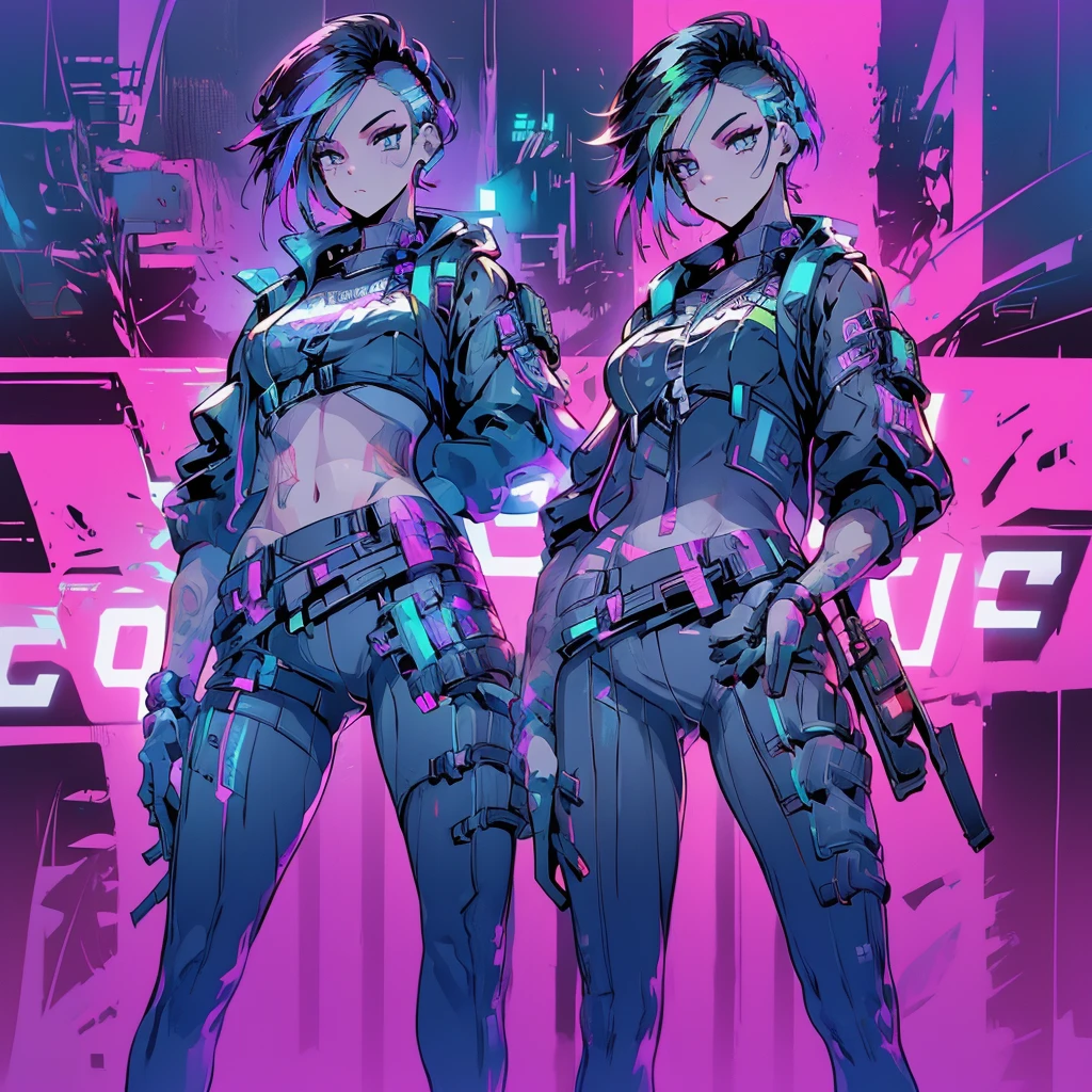 Create an anime-style, high-resolution, ultrasharp 8K masterpiece of Judy Alvarez from "Cyberpunk 2077." She has a punk-inspired look with partially shaved sides and the rest of her hair dyed in vibrant colors. Her expressive eyes are highlighted with bold, edgy makeup. She sports a series of intricate tattoos covering her neck, arms, and torso, adding to her rebellious aura. Judy wears a stylish, futuristic outfit with a mix of leather and neon accents, embodying the gritty, cyberpunk aesthetic. The background should reflect the neon-lit streets of Night City, emphasizing the urban, high-tech environment. Capture her confident, determined expression as she stands ready, showcasing her role as a skilled braindance technician and fierce protector of the marginalized.