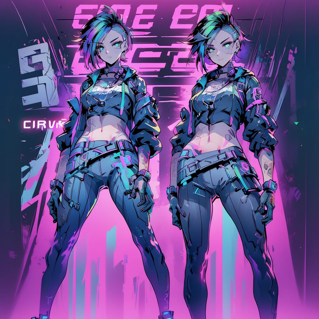 Create an anime-style, high-resolution, ultrasharp 8K masterpiece of Judy Alvarez from "Cyberpunk 2077." She has a punk-inspired look with partially shaved sides and the rest of her hair dyed in vibrant colors. Her expressive eyes are highlighted with bold, edgy makeup. She sports a series of intricate tattoos covering her neck, arms, and torso, adding to her rebellious aura. Judy wears a stylish, futuristic outfit with a mix of leather and neon accents, embodying the gritty, cyberpunk aesthetic. The background should reflect the neon-lit streets of Night City, emphasizing the urban, high-tech environment. Capture her confident, determined expression as she stands ready, showcasing her role as a skilled braindance technician and fierce protector of the marginalized.