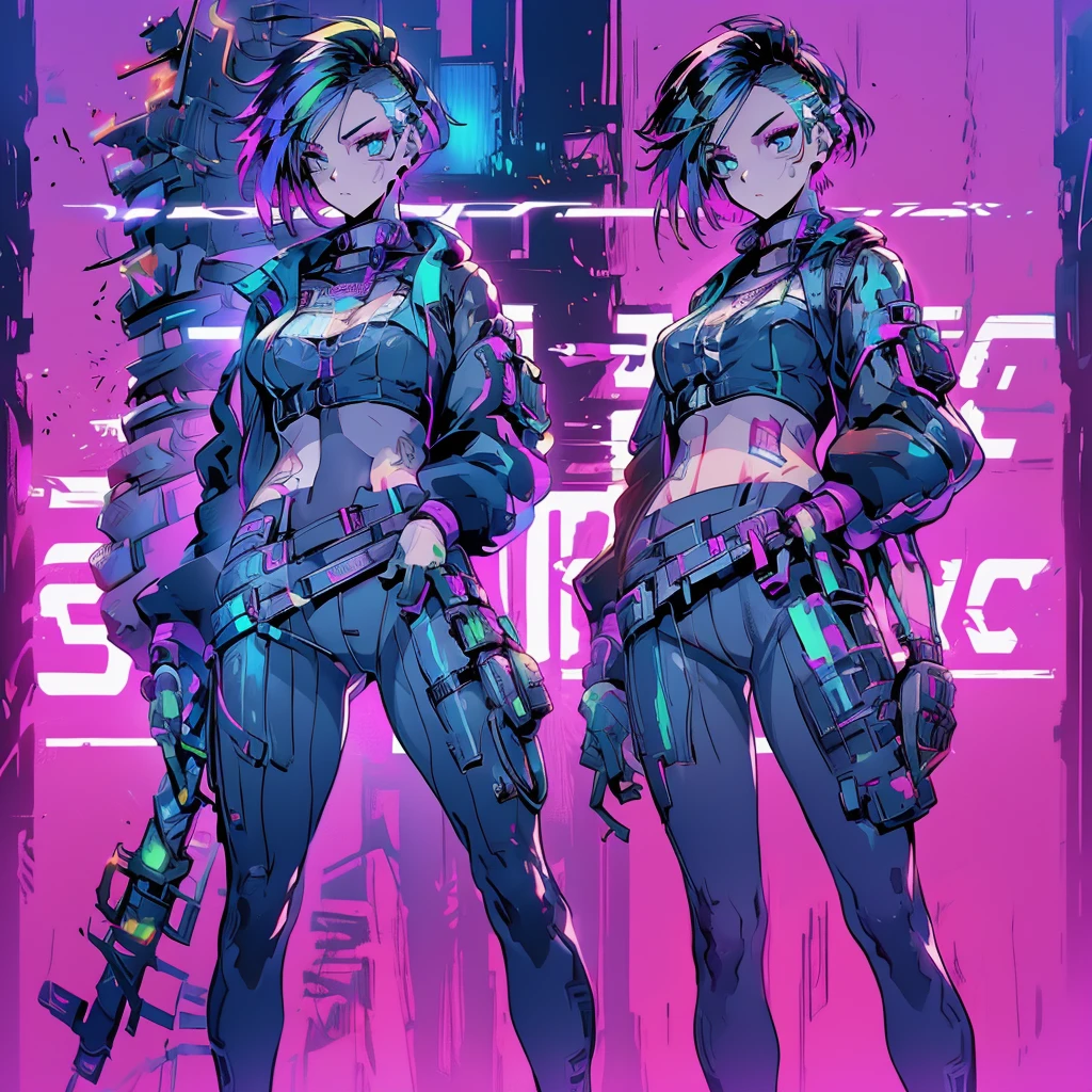 Create an anime-style, high-resolution, ultrasharp 8K masterpiece of Judy Alvarez from "Cyberpunk 2077." She has a punk-inspired look with partially shaved sides and the rest of her hair dyed in vibrant colors. Her expressive eyes are highlighted with bold, edgy makeup. She sports a series of intricate tattoos covering her neck, arms, and torso, adding to her rebellious aura. Judy wears a stylish, futuristic outfit with a mix of leather and neon accents, embodying the gritty, cyberpunk aesthetic. The background should reflect the neon-lit streets of Night City, emphasizing the urban, high-tech environment. Capture her confident, determined expression as she stands ready, showcasing her role as a skilled braindance technician and fierce protector of the marginalized.