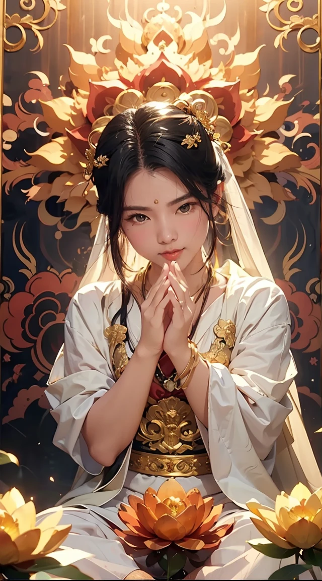 （Chinese immortals）, （Buddhism）, Multip_Handythological stories）, （bodhisattva）, She sits on a lotus, （Three hands on the left，Three hands on the right, Each hand holds a different Buddhist vessel, left right symmetry），（Delicate and beautiful face）, （White silk robe）sitting on a lotus flower, Frontal photo，Light smile, neo-classical, OP Art, Chiaroscuro, Cinematic lighting, god light, Ray tracing, character sheets, projected inset, first person perspective, hyper HD, Masterpiece, ccurate, Textured skin, Super detail, High details, High quality, Award-Awarded, Best quality, A high resolution, 8K