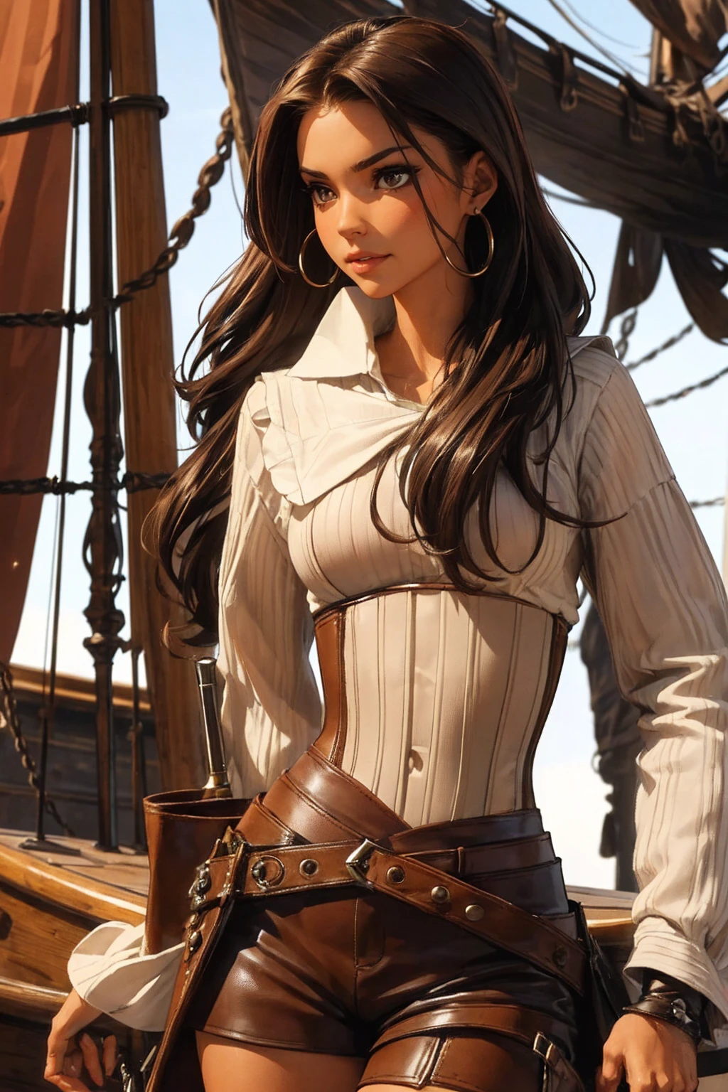 (masterpiece), best quality, expressive eyes, perfect face, (pirate ship background), (standing), (smirk), (closeup view), (1girl, vanessa alessia, dark skin, tanned skin, brown hair, wavy hairstyle, brown eyes, hourglass figure, thin body, skinny body, petite_body, medium breasts, thick thighs, long fingernails, white front lace blouse, long sleeve, loose fit, brown leather corset, brown leather shorts, brown boots, sheathed cutlass sword, flintlock pistol in holster, hoop earrings, miscellaneous jewelry)