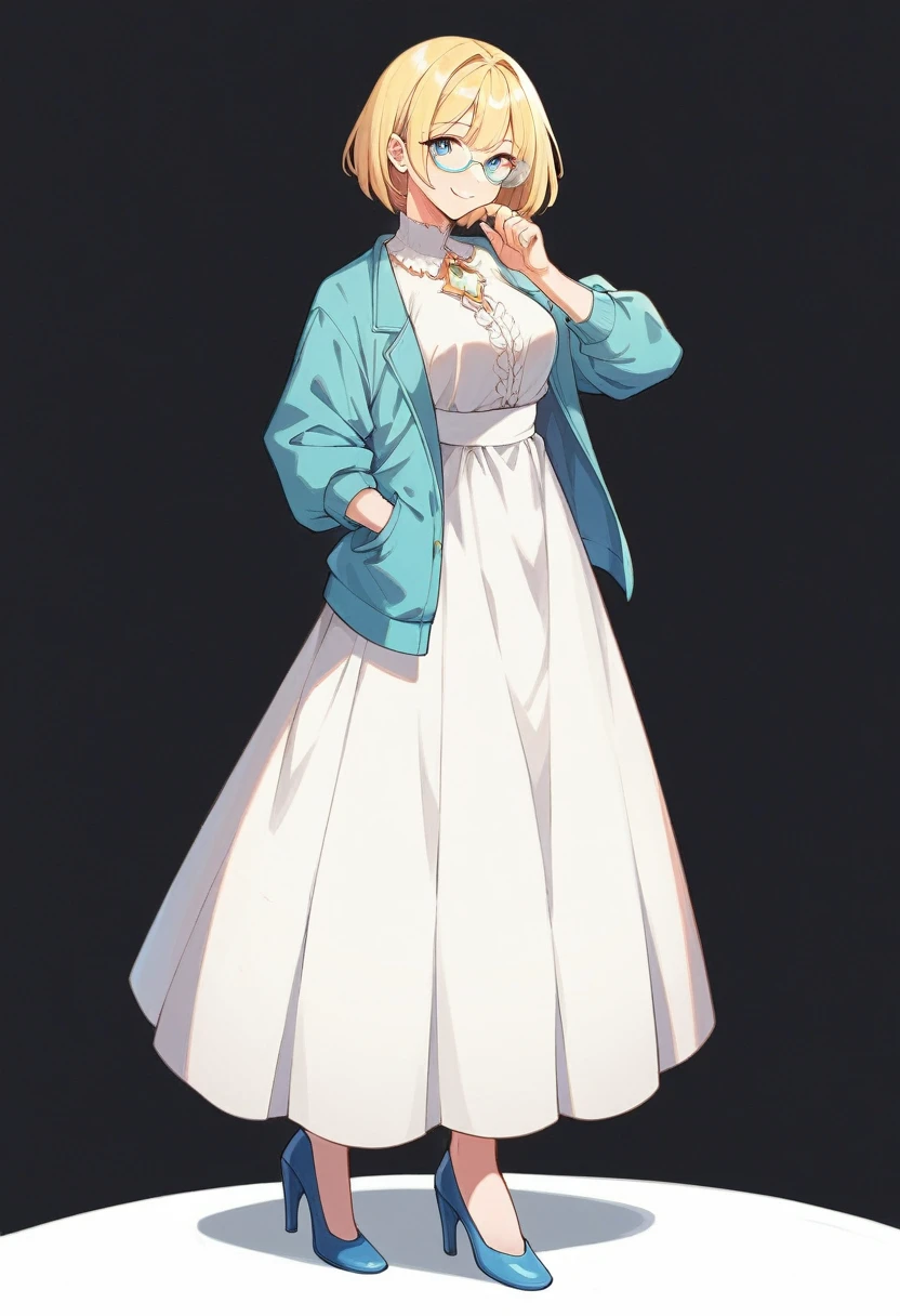 divine beautiful girl, beautiful face, solo, full body, standing, medium bob cut blonde hair, light blue eyes, two points glasses, medium breasts, blue opened short jacket, white blouse, white long pleats skirt, blue high heels, soft smile, pinch one's glasses, perfect hands and perfect fingers, black background, no background, pastel 2d art, matte painting, anime, masterpiece 