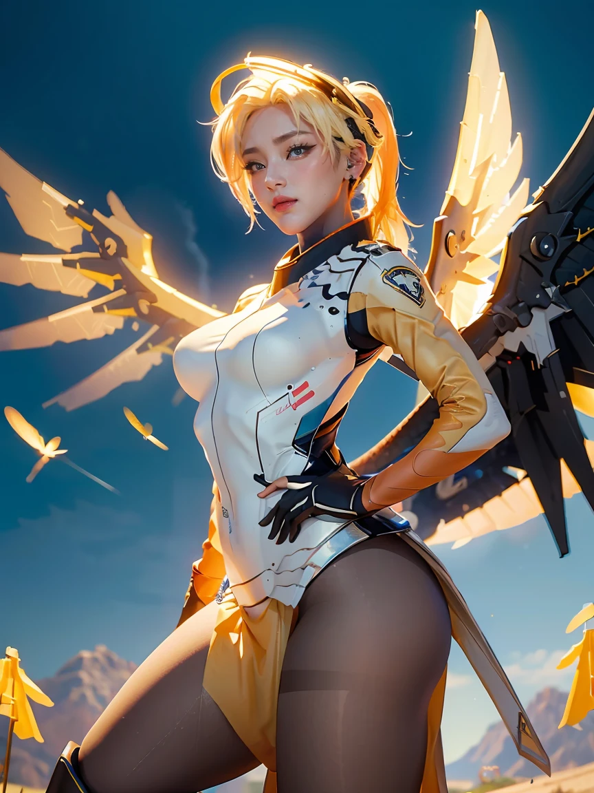 1girl, solo, mercy (overwatch), mechanical halo, breasts, blue eyes, blonde hair, pantyhose, mechanical wings, wings, halo,  holding, bodysuit,  yellow wings, brown pantyhose, lips, gloves, pelvic curtain, black gloves, big breast, full body, blue sky, green field with mountains, (realism:1.2), (masterpiece:1.2), (best quality), (ultra detailed), (8k, intricate), (85mm), light particles, lighting, (highly detailed:1.2), (detailed face:1.5), (gradients), sfw, colorful, (detailed eyes:1.2), (detailed background), (rule of third_composition:1.3), (Line of action:1.2), wide shot, daytlight, solo.