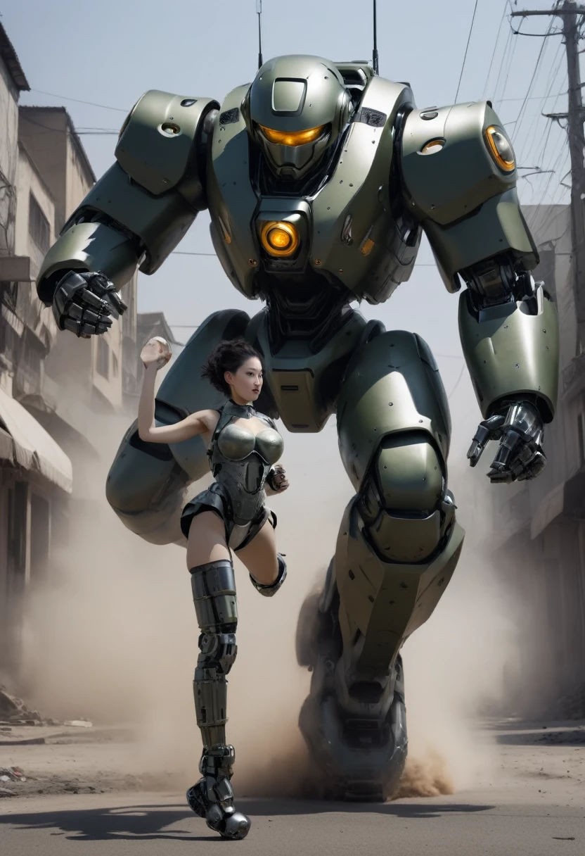 Military human soldier stepping on a robot's head