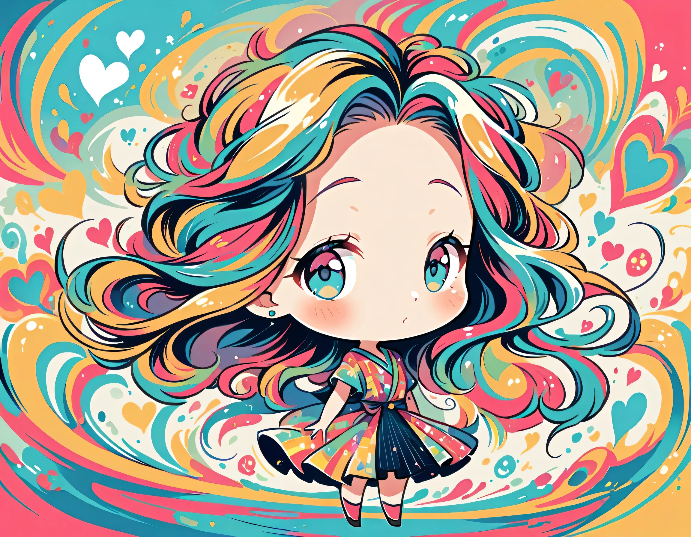 Seizo Watase style, Simple Line Initialism,Abstract art,Urban Background, colorful hearts , (((The most beautiful girl of all time))), (((chibi))),