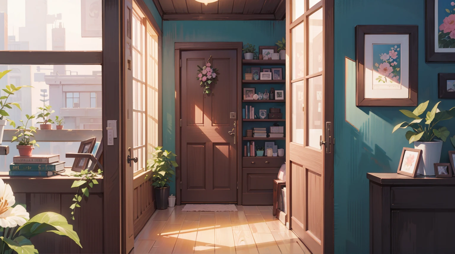 (Masterpiece), Best quality, Ultra-high resolution, detailed structure, Detailed architecture, (Warm pastel colors), indoor,(nobody:1.5), plant, Stamens, indoor。(pink:1.5)