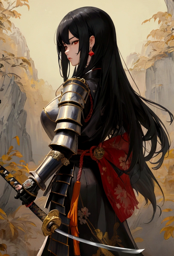 a picture of Japanese female knight, she has long black hair, wearing samurai armor, armed with a katana, ready for battle, ((shot taken from the back)), Japanese fantasy art, (Masterpiece: 1.5), 16k, highres, best quality, high details, ultra detailed, masterpiece, best quality, (extremely detailed), arafed, dnd art, JapaneseKatana, wtrcolor style