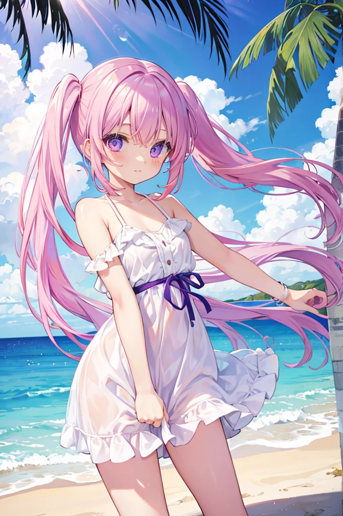 Pink Hair　Twin tails　Purple Eyes　beautiful girl　White dress　blue sea　White sand beach　Light of the sun　Swim ring