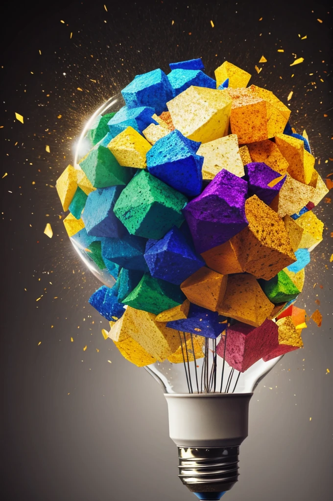 Creative colored light bulb explosion with shards and paint, a creative idea. Think different, concept. Business, ideas and the discovery of new technology