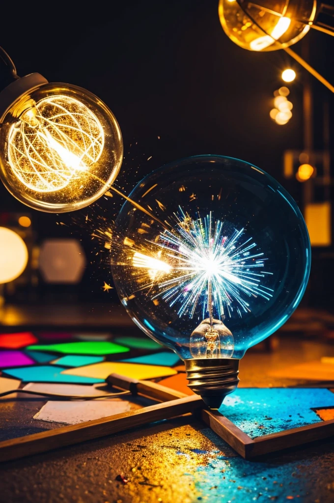 Creative colored light bulb explosion with shards and paint, a creative idea. Think different, concept. Business, ideas and the discovery of new technology