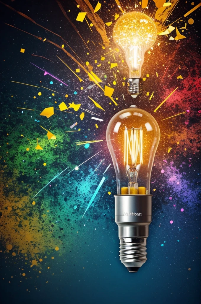 Creative colored light bulb explosion with shards and paint, a creative idea. Think different, concept. Business, ideas and the discovery of new technology