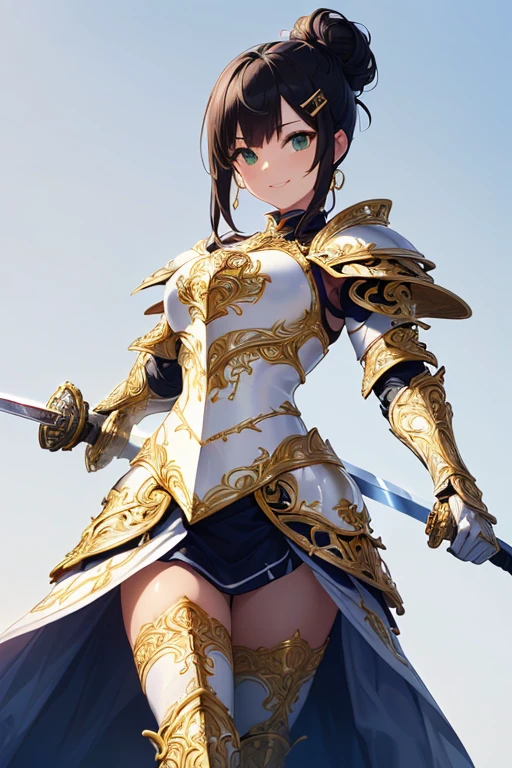 ((Masterpiece: 1.3)), ((Highest quality: 1.2)), ((Very detailed: 1.4)), One Girl, ((Black Hair: 1.1)), ((Updo: 1.1)), Hair Bun, ((White armor: 1.7)), (((Woman warrior))), Green Eyes, Smile, ((Simple Background: 1.2)), (ornate hairpin in the shape of a sword: 1.6), (Green earrings: 1.1), (tsurime: 1.2)