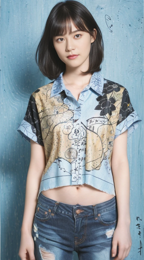 (Black Shorthair:1.2), (a 20 yo woman), (A hyper-realistic), (Masterpiece), (8KUHD), Looking at the camera, Slender waist, Wearing jeans, ((Floral Clothing - T-Shirts)), large full breasts, abstract painting, (doodle:1.46)