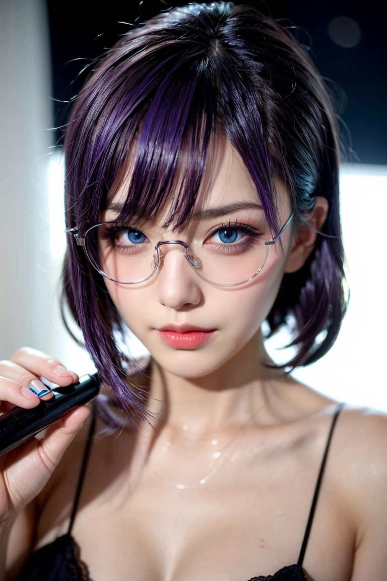 1 girl, purple hair, beautiful hair, blue eyes, make up, perfect face, perfect body, winter, tokyo, night, at shower, glasses, wolfcut hairstyle