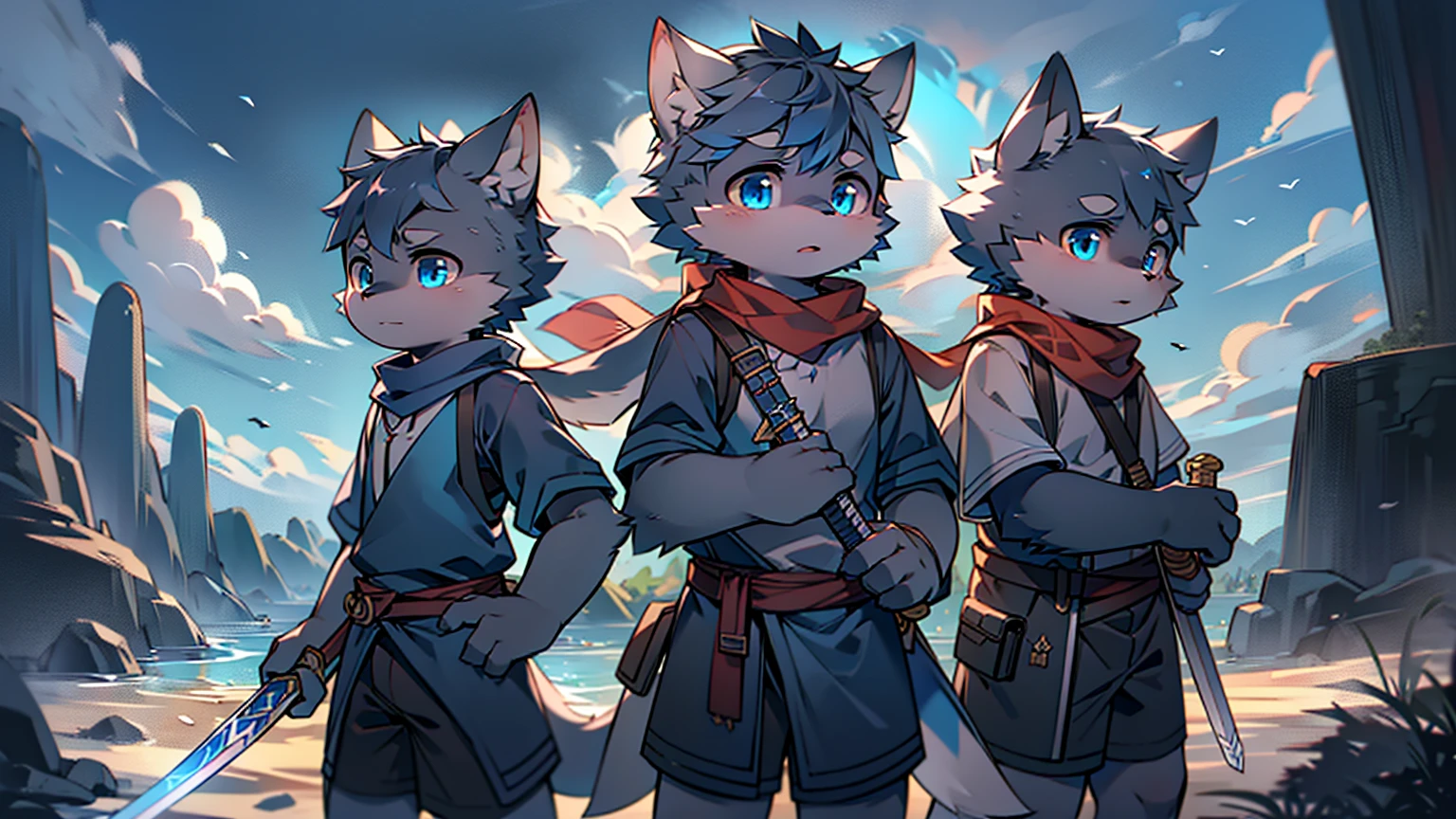 Wolf,juvenile,male,Gray-black fur,Sky blue eyes,Ancient combat uniform,scarf,Holding a long sword,Scabbard back,permanent,The only one,dawn,illumination,Break