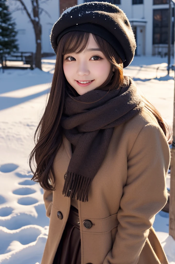 Solo Girl, 20-year-old,Medium Hair, Dark brown hair, Brown eyes, Mid-chest, Happy,pea coat,beret,Fluffy scarf,Maxi Skirt ,Outdoor, winter,snow, Highest quality, High resolution, Very detailed, Detailed Background, Perfect lighting topless