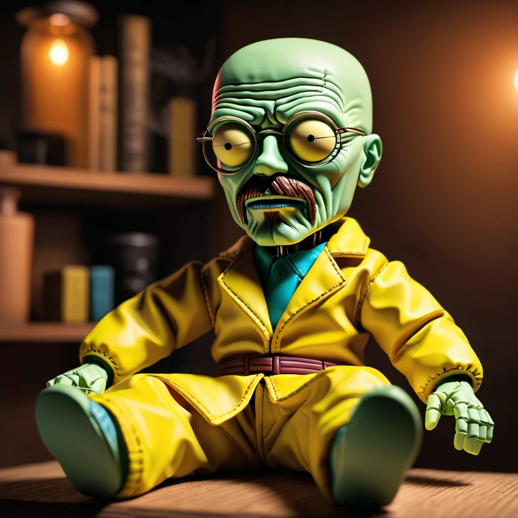 (knitted toy voodoo doll:1.0), sitting on the podium, solid color around, (Walter White from Breaking Bad:1.0), in Walter White's clothes, the atmosphere of the series Breaking Bad, best quality, masterpiece, detailed soft oil painting, detailed background, dramatic cinematic lighting, soft edge lighting, professional, dramatic lighting, hard edge lighting, ultra quality, 4k, masterpiece, best quality, 8k, ultra high definition, high resolution, extremely detailed