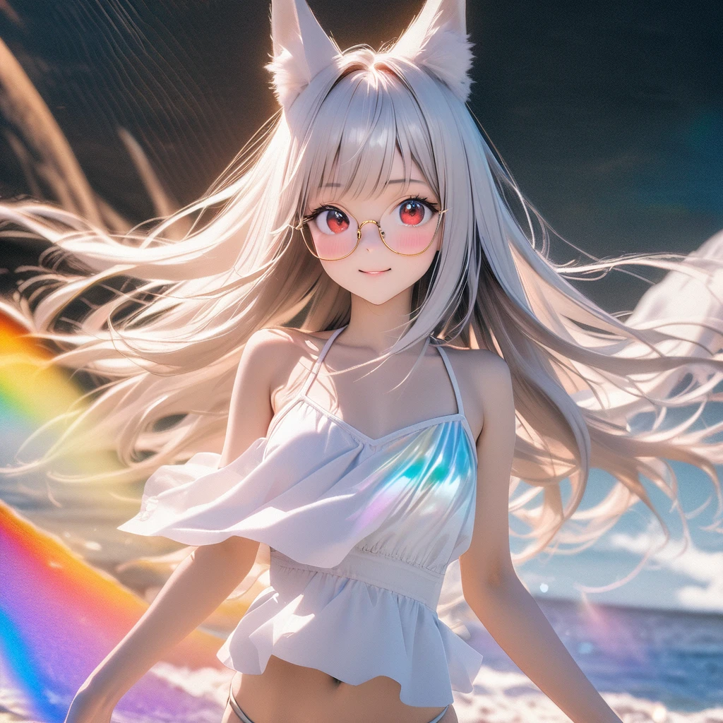 best quality, 8k, original photo, Ridiculous, Extremely detailed, Fox ears,baby face, No makeup, Pleasant smile, slim, Perfect proportion, White straight hair, (wind, wind-effect), Red Eyes, Various visual styles for backgrounds,combines various artistic elements,like a sparkling iridescent rainbow,White Fox Girl,swimsuit,Gold frame glasses