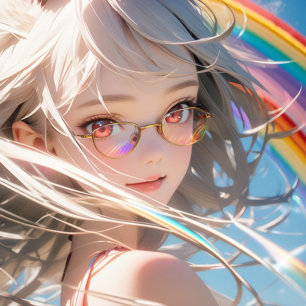 best quality, 8k, original photo, Ridiculous, Extremely detailed, Fox ears,baby face, No makeup, Pleasant smile, slim, Perfect proportion, White straight hair, (wind, wind-effect), Red Eyes, Various visual styles for backgrounds,combines various artistic elements,like a sparkling iridescent rainbow,White Fox Girl,swimsuit,Gold frame glasses