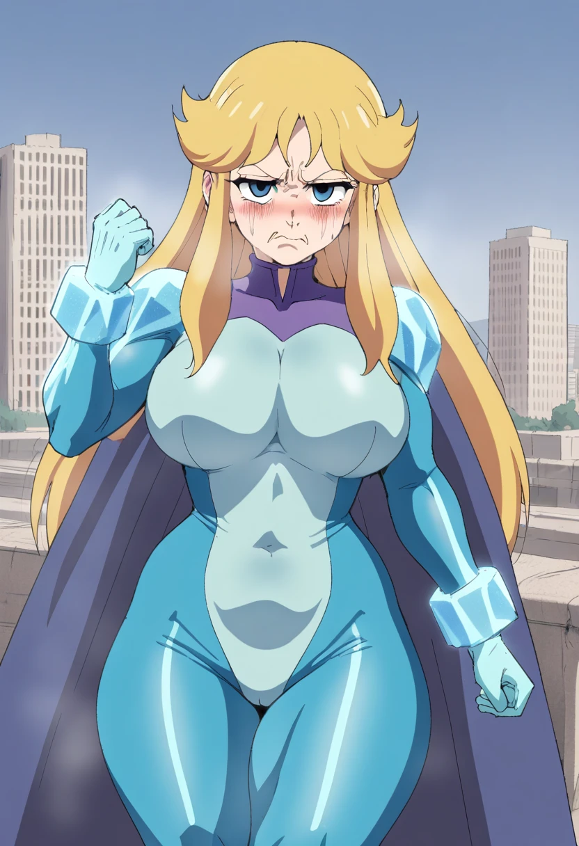 {{full body, high angle}} {{Artist: sincos}} 1woman, mature woman, middle-aged woman, long hair, blonde hair, straight hair, blue eyes, stern eyes, stern face, ice powers, cyan spandex suit, blue cape, tall, large breasts, thick thighs, looking down at viewer, wearing clothes, ice around arms, value gloves, superhero, city background