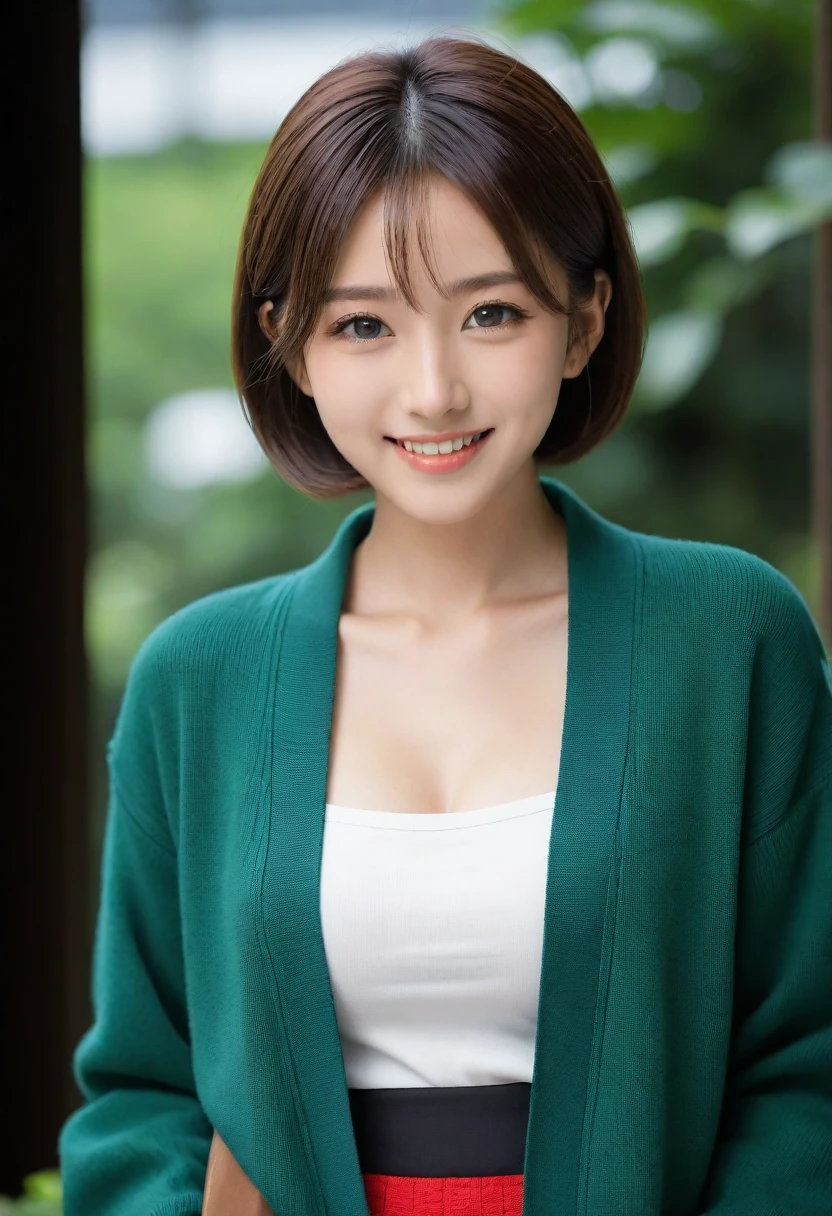 8k, Ultra-high resolution, Highest quality, masterpiece, 三分割法によるphotograph,Surreal, photograph, 1 girl, (:1.3), pretty girl, Cute face, Beautiful eyes in every detail, 細かくdetailedに,masterpiece,, One Girl:1.2, Japan Female Announcer,whole body,Young Wife,Urban area,street tree,green,White collared shirt,Red summer knit cardigan,Pencil Skirt、Full of cleanliness,A carefree smile,Healing the heart,Short Bob,Looking at the audience、beauty,Long neck、Laugh a little、Please close your mouth and laugh、(((Ideal body type))),A-cup small breasts :2,、Portraiture:2、Perfect Anatomy、鮮明なdetailed、detailed、Surreal、Light and shadow,Strong light 