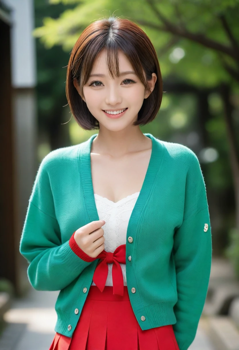 8k, Ultra-high resolution, Highest quality, masterpiece, 三分割法によるphotograph,Surreal, photograph, 1 girl, (:1.3), pretty girl, Cute face, Beautiful eyes in every detail, 細かくdetailedに,masterpiece,, One Girl:1.2, Japan Female Announcer,whole body,Young Wife,Urban area,street tree,green,White collared shirt,Red summer knit cardigan,Pencil Skirt、Full of cleanliness,A carefree smile,Healing the heart,Short Bob,Looking at the audience、beauty,Long neck、Laugh a little、Please close your mouth and laugh、(((Ideal body type))),A-cup small breasts :2,、Portraiture:2、Perfect Anatomy、鮮明なdetailed、detailed、Surreal、Light and shadow,Strong light