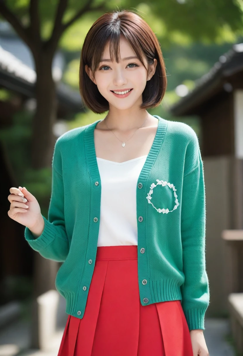 8k, Ultra-high resolution, Highest quality, masterpiece, 三分割法によるphotograph,Surreal, photograph, 1 girl, (16 years old:1.3), pretty girl, Cute face, Beautiful eyes in every detail, 細かくdetailedに,masterpiece,, One Girl:1.2, Japan Female Announcer,whole body,Young Wife,Urban area,street tree,green,White collared shirt,Red summer knit cardigan,Pencil Skirt、Full of cleanliness,A carefree smile,Healing the heart,Short Bob,Looking at the audience、beauty,Long neck、Laugh a little、Please close your mouth and laugh、(((Ideal body type))),A-cup small breasts :2,、Portraiture:2、Perfect Anatomy、鮮明なdetailed、detailed、Surreal、Light and shadow,Strong light