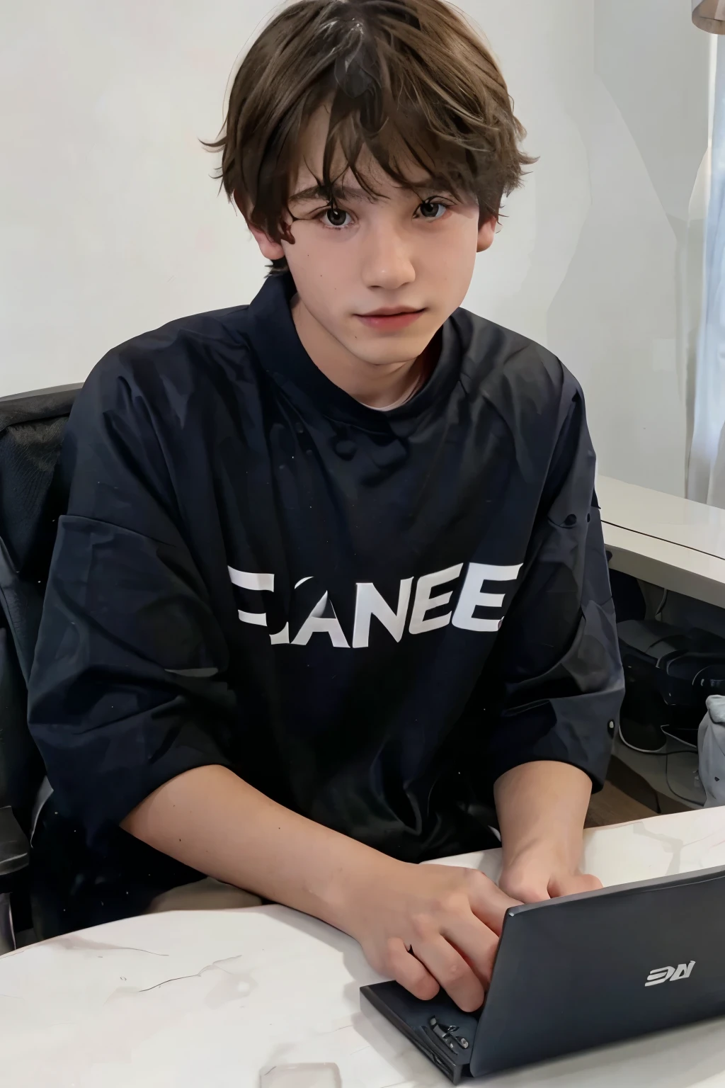 A 22-year-old boy is sitting on a chair with a table in front of him with his hands on the table. The boy is looking at the camera. He has a computer on his left arm and a microphone in front of the boy's face. It's like making videos for YouTube