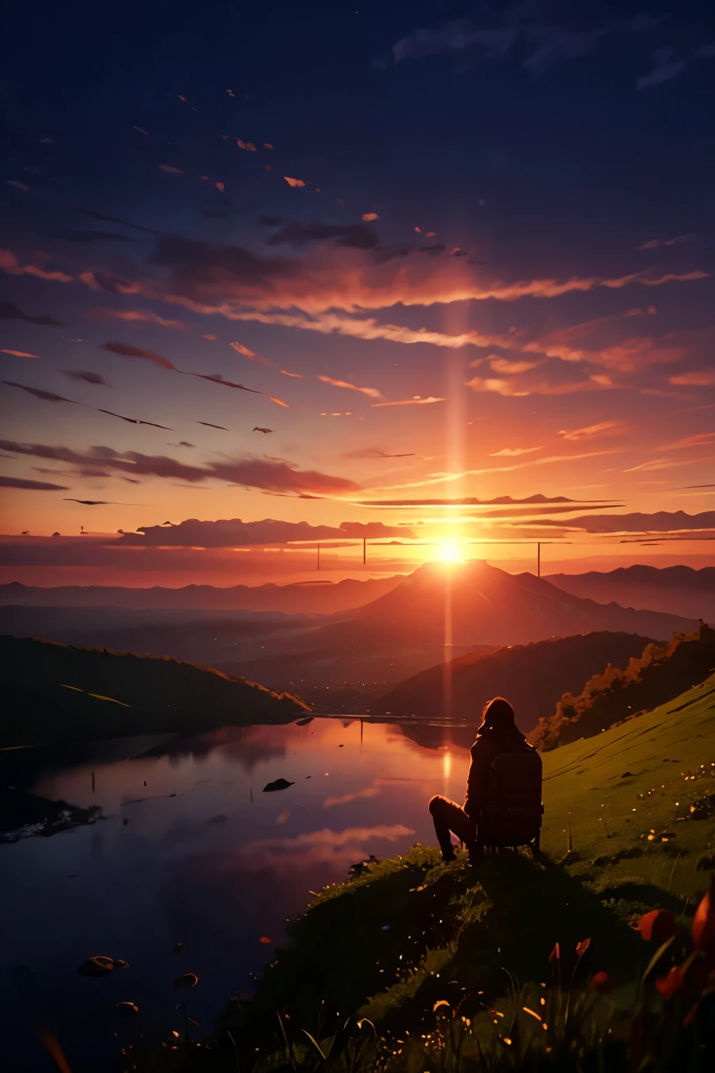 (Highest quality:1.2)。Wilderness Sunset。A person can be seen in the distance sitting on the ground making a bonfire。