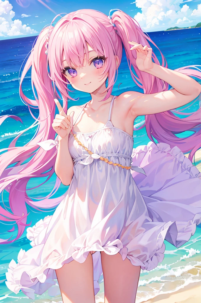 Pink Hair Twin tails Purple Eyes beautiful girl White dress blue sea White sand beach Light of the sun Swim ring smile Wink