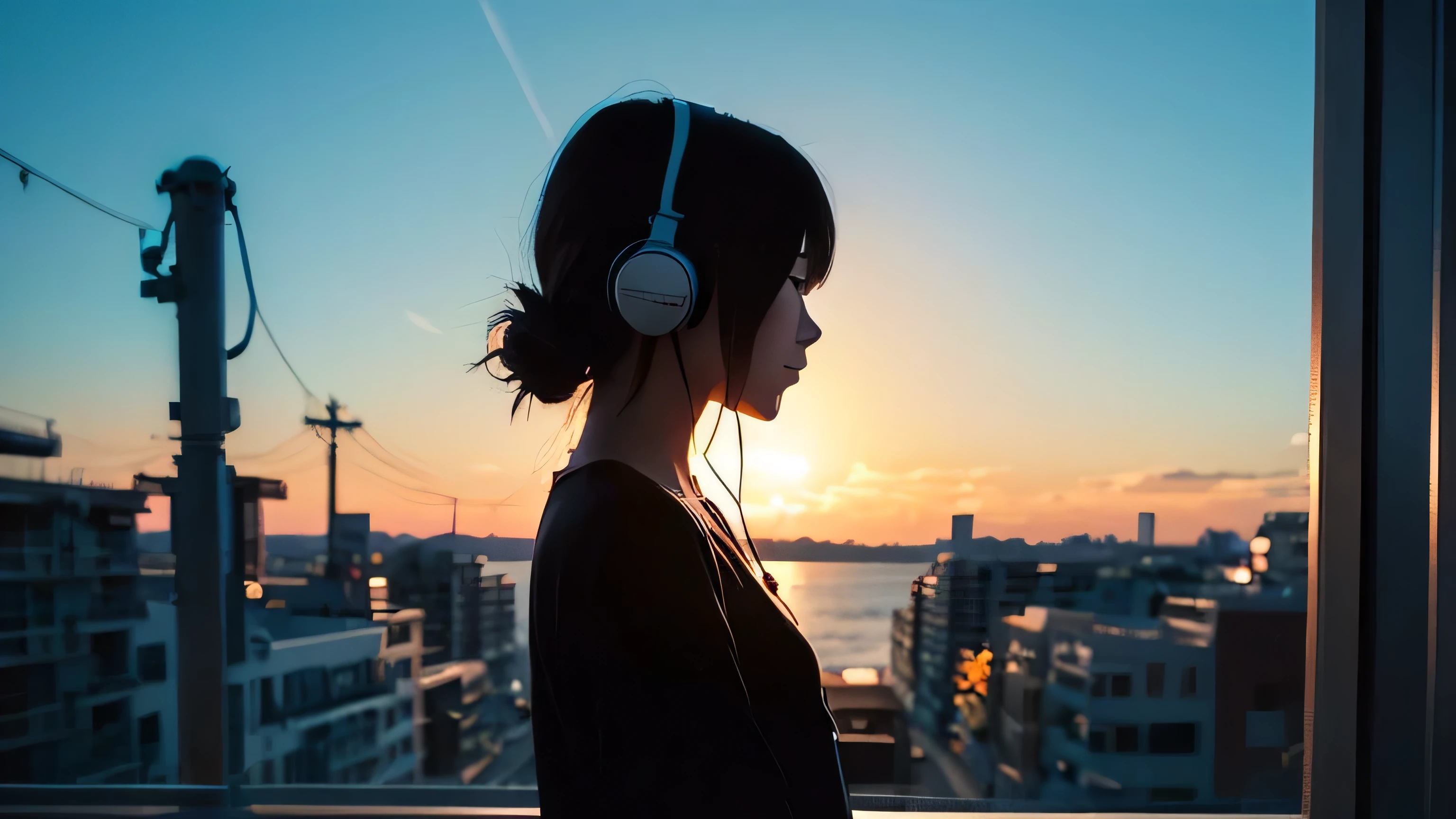 ChilloutArtwork that matches the music、Anime Style、girl with headphones、Resorts、silhouette、evening