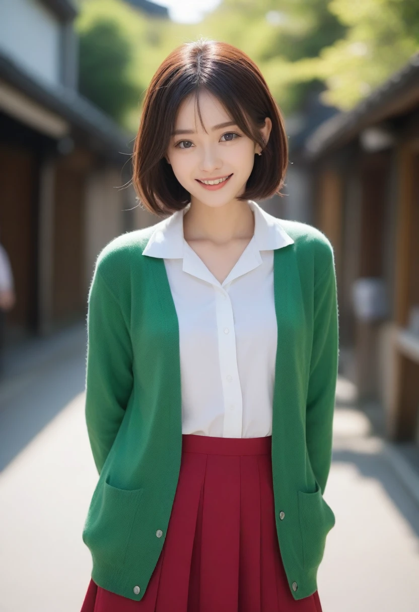 8k, Ultra-high resolution, Highest quality, masterpiece, 三分割法によるphotograph,Surreal, photograph, 1 girl, (:1.3), pretty girl, Cute face, Beautiful eyes in every detail, 細かくdetailedに,masterpiece,, One Girl:1.2, Japan Female Announcer,whole body,Young Wife,Urban area,street tree,green,White collared shirt,Red summer knit cardigan,Pencil Skirt、Full of cleanliness,A carefree smile,Healing the heart,Short Bob,Looking at the audience、beauty,Long neck、Laugh a little、Please close your mouth and laugh、(((Ideal body type))),A-cup small breasts :2,、Portraiture:2、Perfect Anatomy、鮮明なdetailed、detailed、Surreal、Light and shadow,Strong light